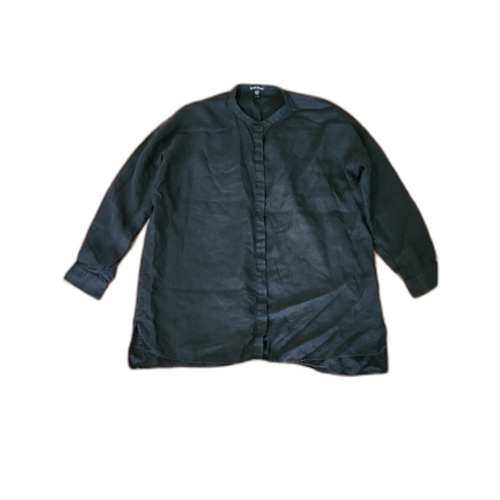 Eileen Fisher Organic Linen Banded Collar Fly Front Tunic Shirt, Black, Size M